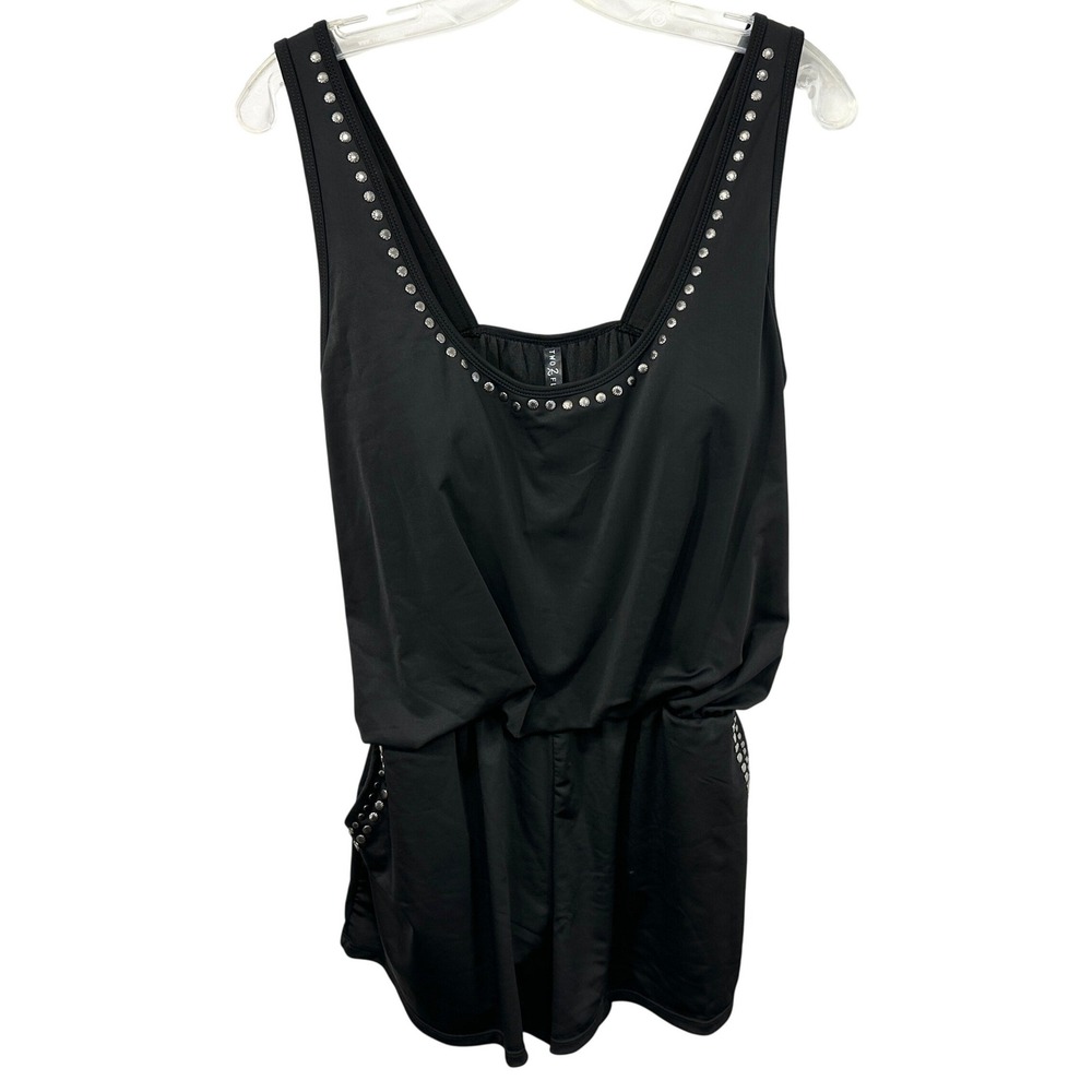 Two 2 Fly Large Romper Studded Black Sleeveless Pockets Goth Edgy Mini Biker 529